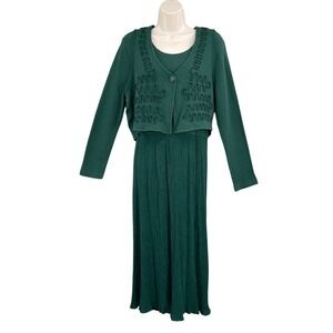 Vintage‎ TADS Dress Set Woman 14P Green Granny Garden Modest Ribbed Knit Thermal